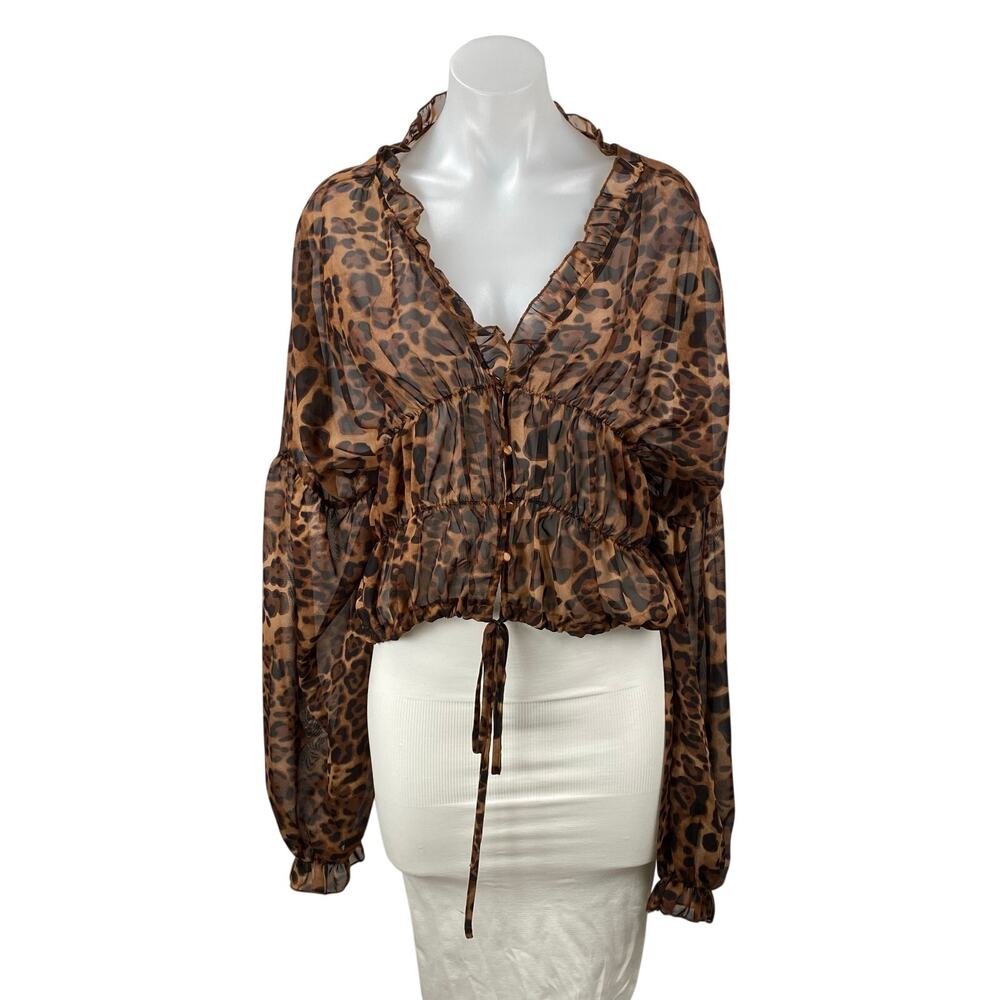 Sndys Women's Tan Brown Leopard Animal Print Ruffle Peplum Blouse Top Size 4